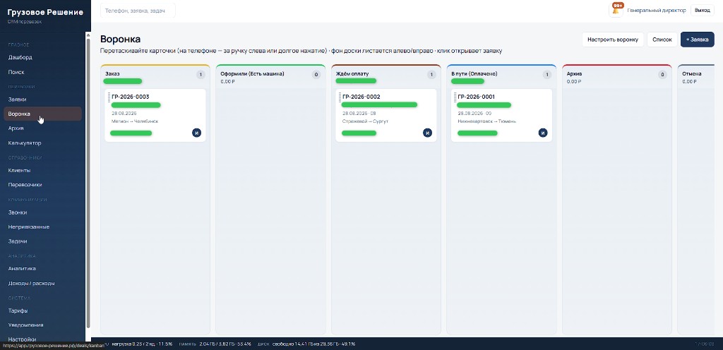 CRM для грузоперевозок — воронка перевозок