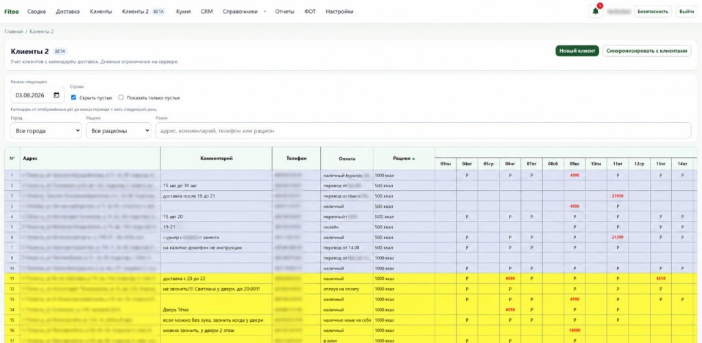 CRM Fitoo: учёт клиентов и календарь доставок рационов