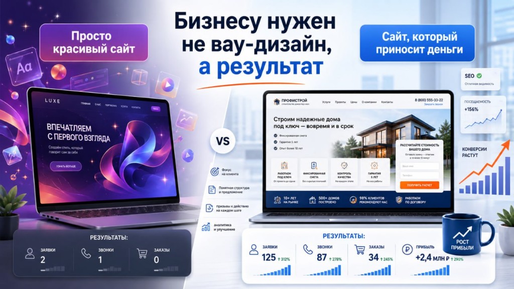 Сравнение: красивый сайт без заявок и рабочий сайт с ростом обращений и прибыли