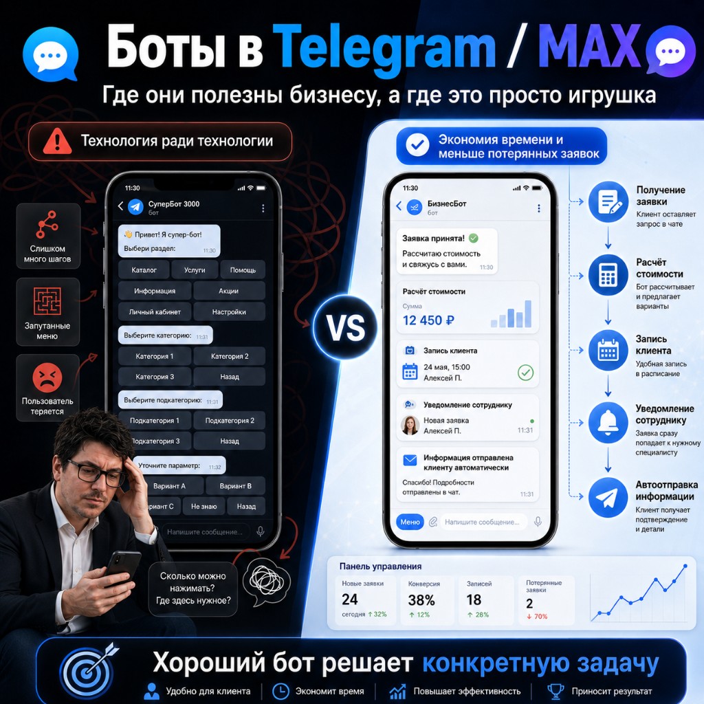 Сравнение: бот с запутанным меню против бота, который решает конкретную задачу